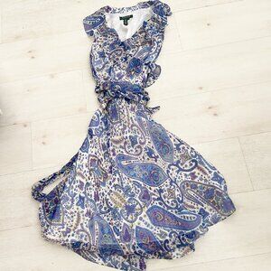 Lauren Ralph Lauren Blue and Purple Paisley 100% Silk Women's Wrap Dress Size 16